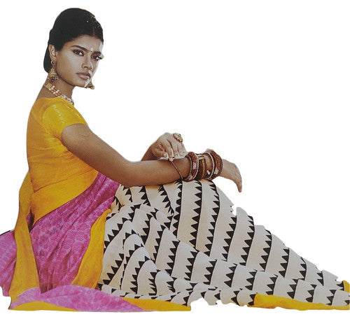 Saree Black & white Print with Golden Yellow Blouse